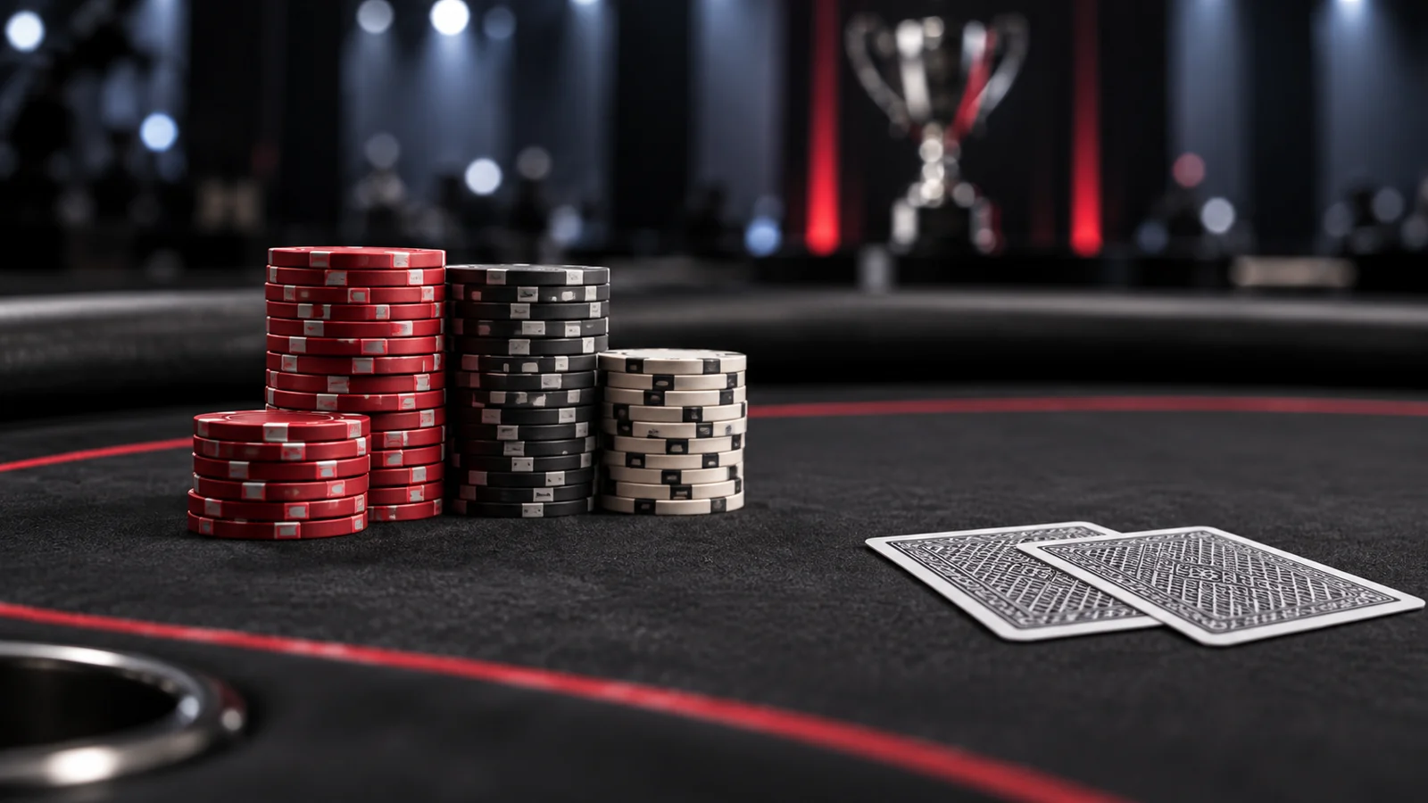 Tournament poker chips and two face-down cards on a dark table